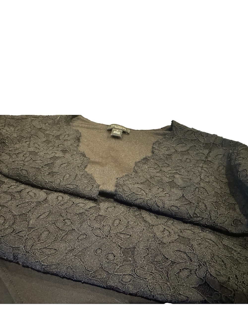 Ann Taylor Black Lace Bodysuit | Medium Scalloped Neck Long Sleeve Elegant Top - Picture 7 of 13